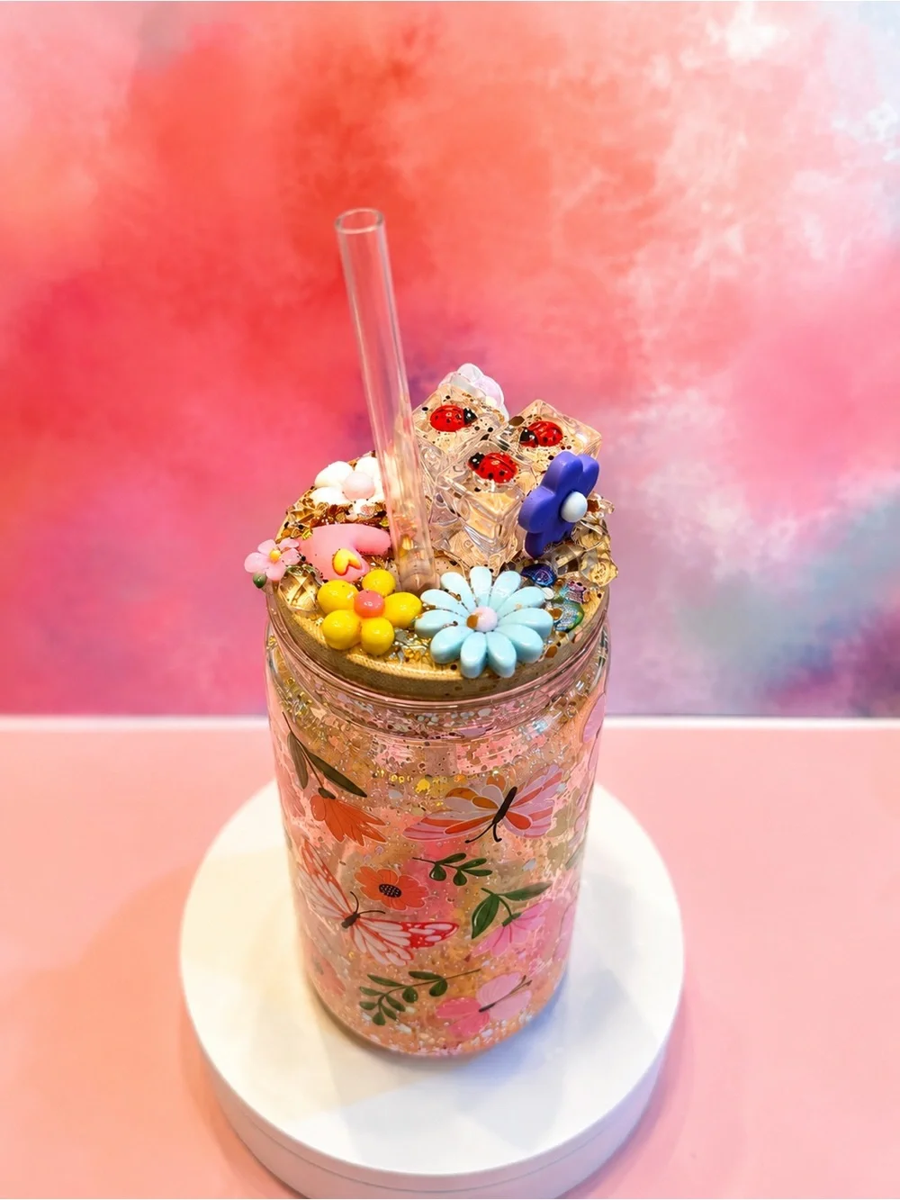 Handmade glitter floral butterfly mason jar tumble with straw| cute kawaii cup